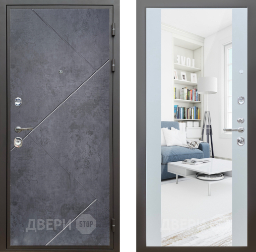 Входная металлическая Дверь Шелтер (SHELTER) Комфорт Бетон урбан индиго 13 с зеркалом Белый матовый в Кашире