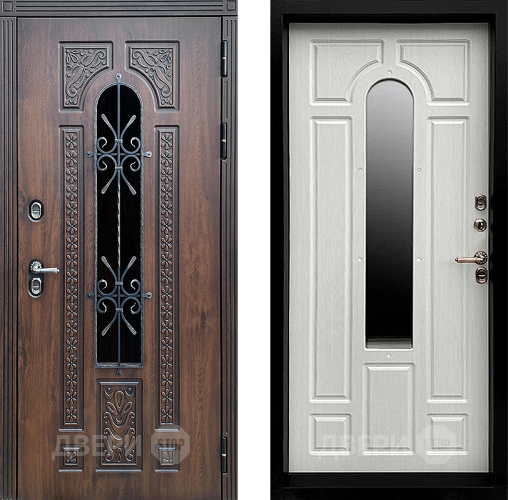 Входная металлическая Дверь Престиж TERMO с терморазрывом Лацио Дуб с окном и ковкой Лиственница белая в Кашире