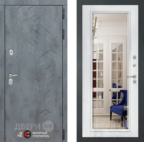 Входная металлическая Дверь Лабиринт (LABIRINT) Бетон Зеркало Фацет с багетом Белый софт в Кашире