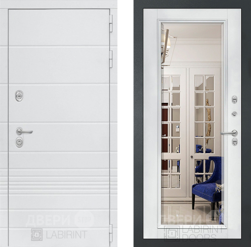 Входная металлическая Дверь Лабиринт (LABIRINT) Трендо Зеркало Фацет с багетом Белый софт в Кашире