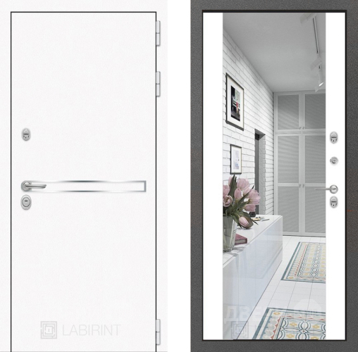 Входная металлическая Дверь Лабиринт (LABIRINT) Лайн White Зеркало Максимум Белый софт в Кашире