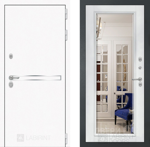 Входная металлическая Дверь Лабиринт (LABIRINT) Лайн White Зеркало Фацет с багетом Белый софт в Кашире