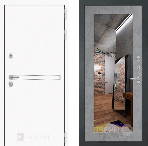 Входная металлическая Дверь Лабиринт (LABIRINT) Лайн White Зеркало 18 Бетон светлый в Кашире