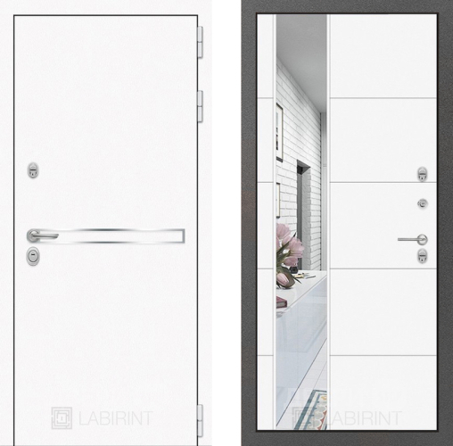 Входная металлическая Дверь Лабиринт (LABIRINT) Лайн White Зеркало 19 Белый софт в Кашире