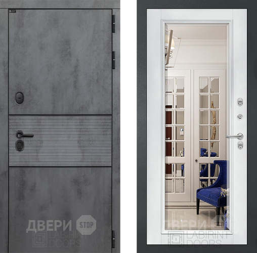 Входная металлическая Дверь Лабиринт (LABIRINT) Инфинити Зеркало Фацет с багетом Белый софт в Кашире