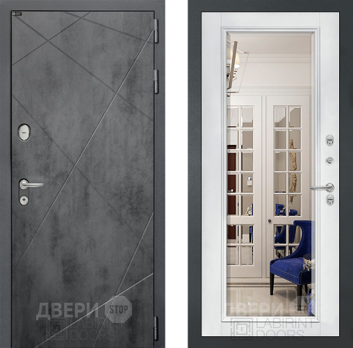 Входная металлическая Дверь Лабиринт (LABIRINT) Лофт Зеркало Фацет с багетом Белый софт в Кашире