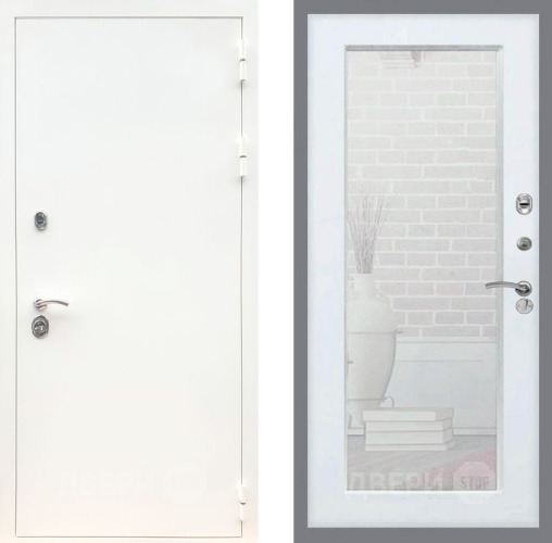 Входная металлическая Дверь Рекс (REX) 5 Белая Шагрень Зеркало Пастораль Силк Сноу в Кашире